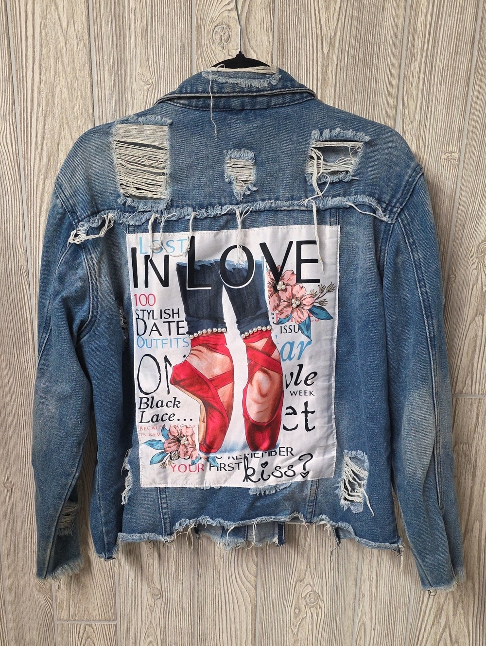 Distressed Denim Jean Jacket Ballet Back Panel Details Womens Size Large